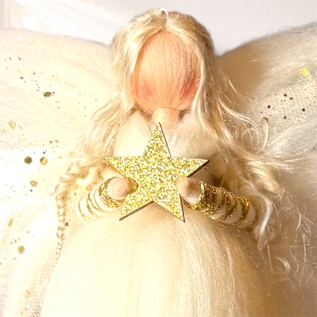 Uldengel, hvid med glitter og stjerne