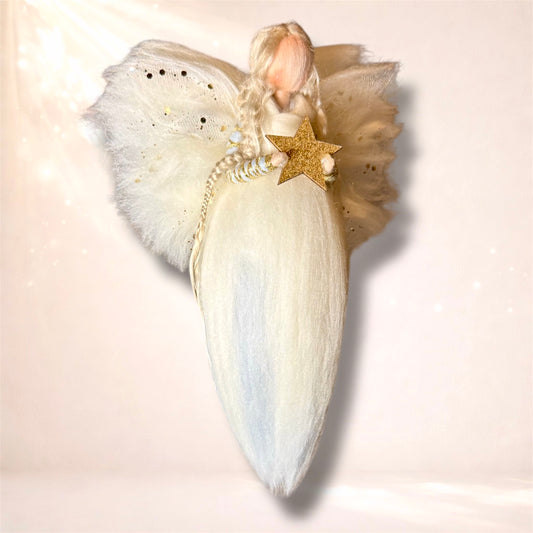 Uldengel, hvid og lyseblå med glitter og stjerne