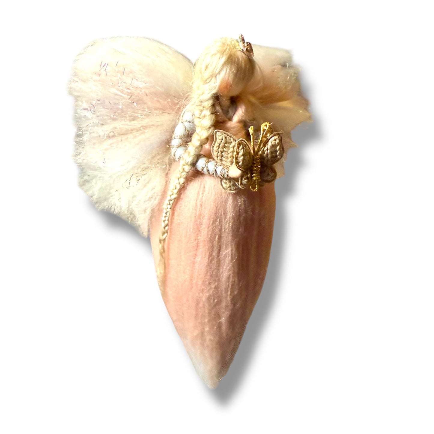 Håndlavet uldengel i rosa og lyseblå med rosegold detaljer og dekorativ sommerfugl