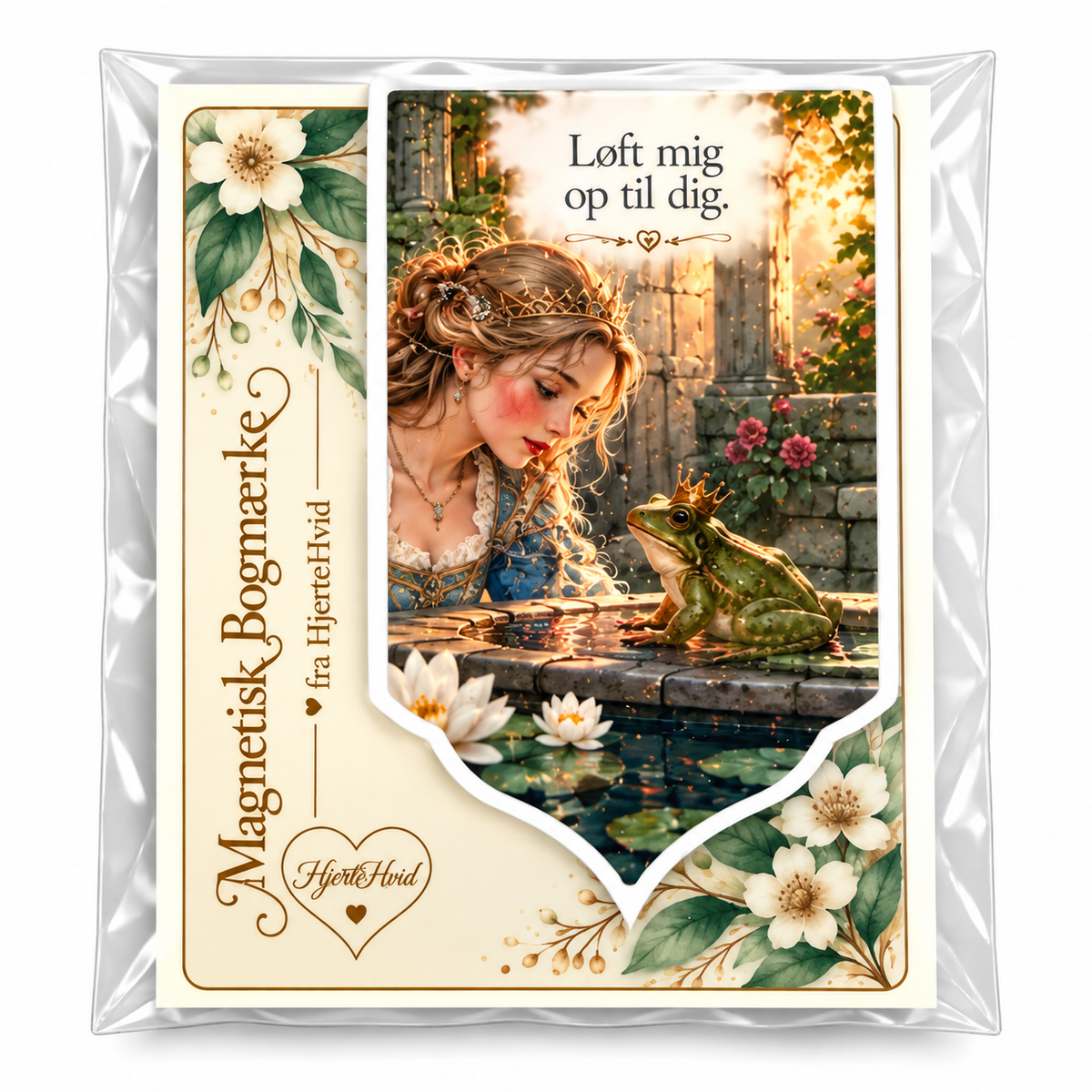 Magnetisk bogmærke fra HjerteHvid inspireret af Frøkongen med prinsesse, kronet frø ved en stenbrønd og teksten Løft mig op til dig