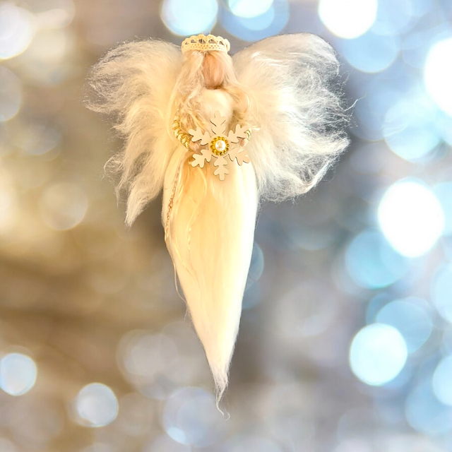 Juleengel, Hvid med Snekrystal og råhvid Krone