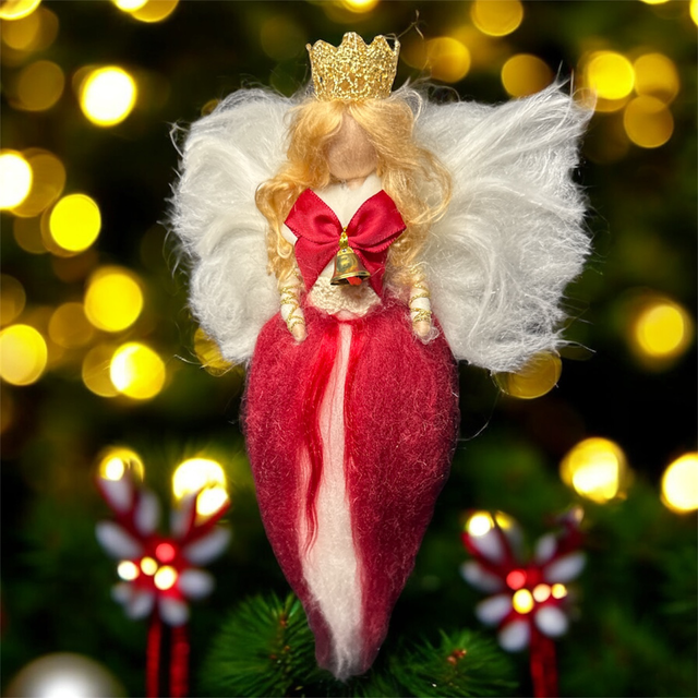 Juleengel, Hvid og Rød med Klokke, sløjfe og Krone