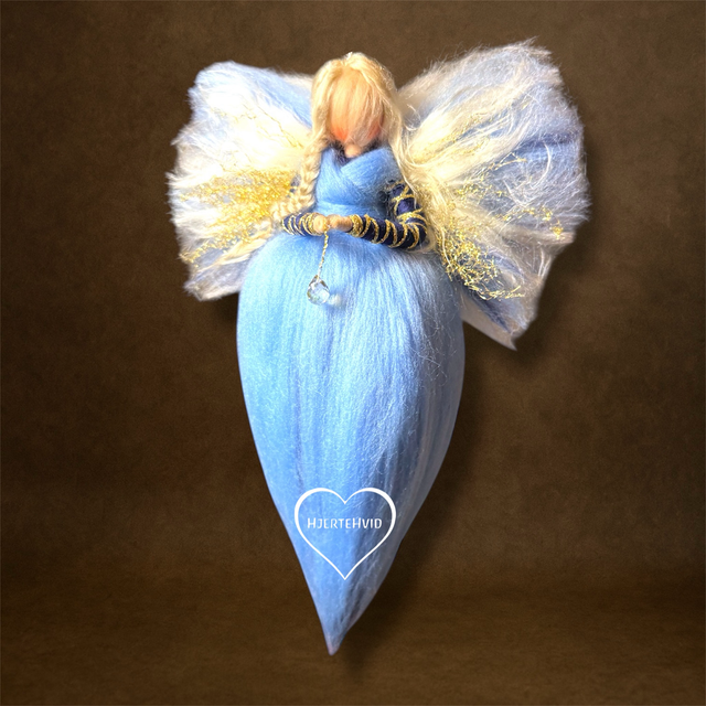 Juleengel, blå og guld med dråbe