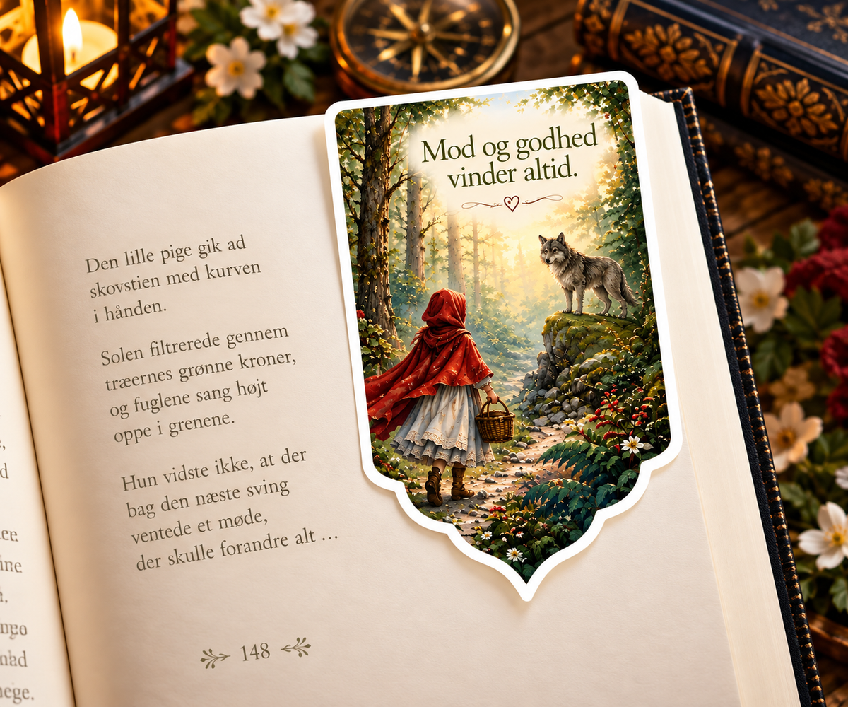 Magnetisk bogmærke med Lille Rødhætte og ulven samt teksten Mod og godhed vinder altid placeret på en åben eventyrbog