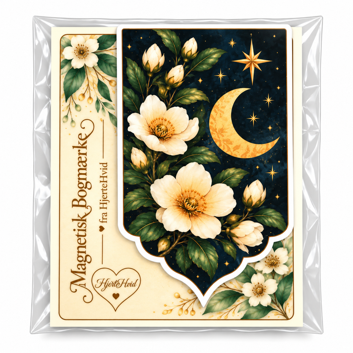 Magnetisk bogmærke fra HjerteHvids Aftenhaven-serie med cremehvide blomster, gylden halvmåne og stjerner på mørkeblå baggrund