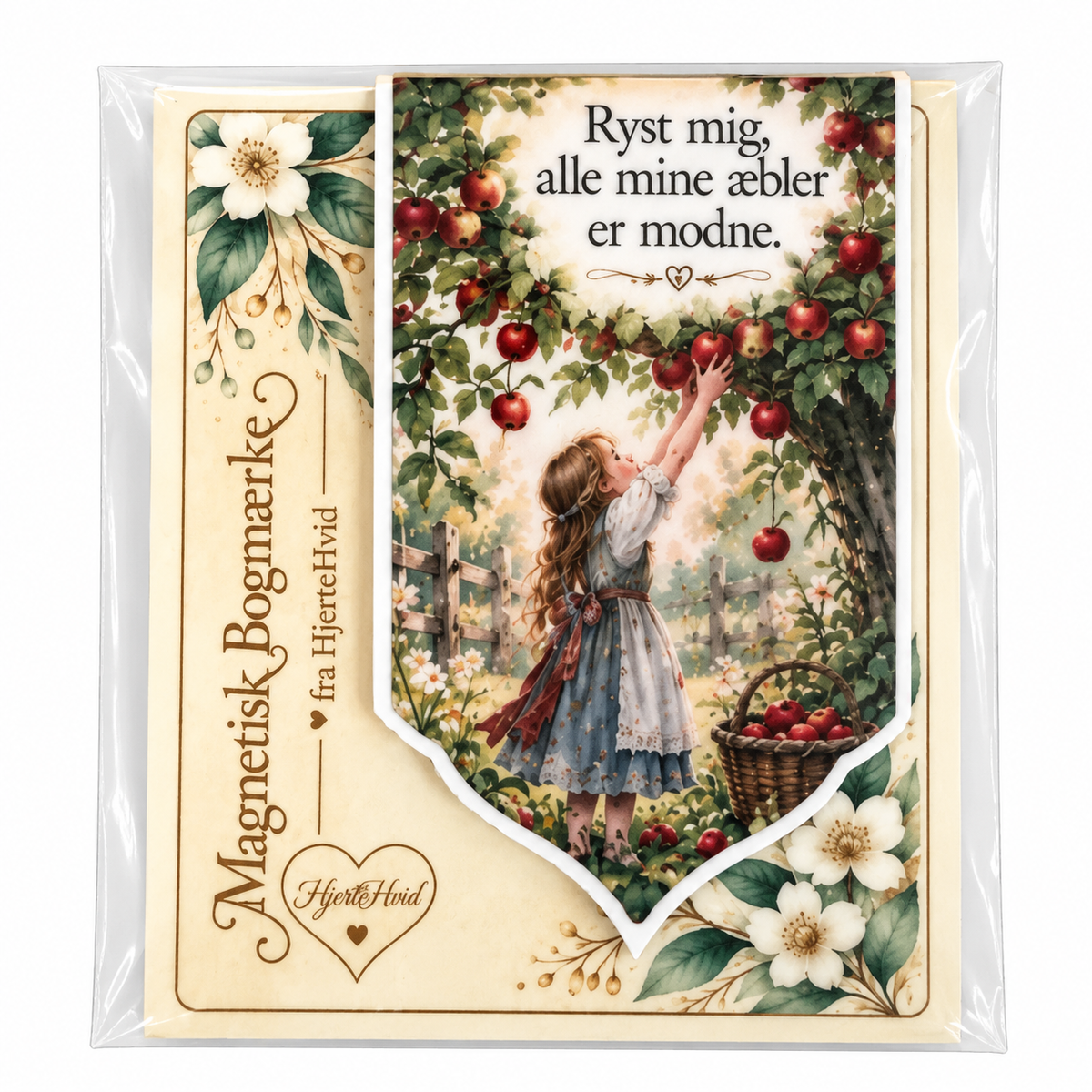 Magnetisk bogmærke fra HjerteHvid inspireret af Mor Hulda med teksten “Ryst mig, alle mine æbler er modne”