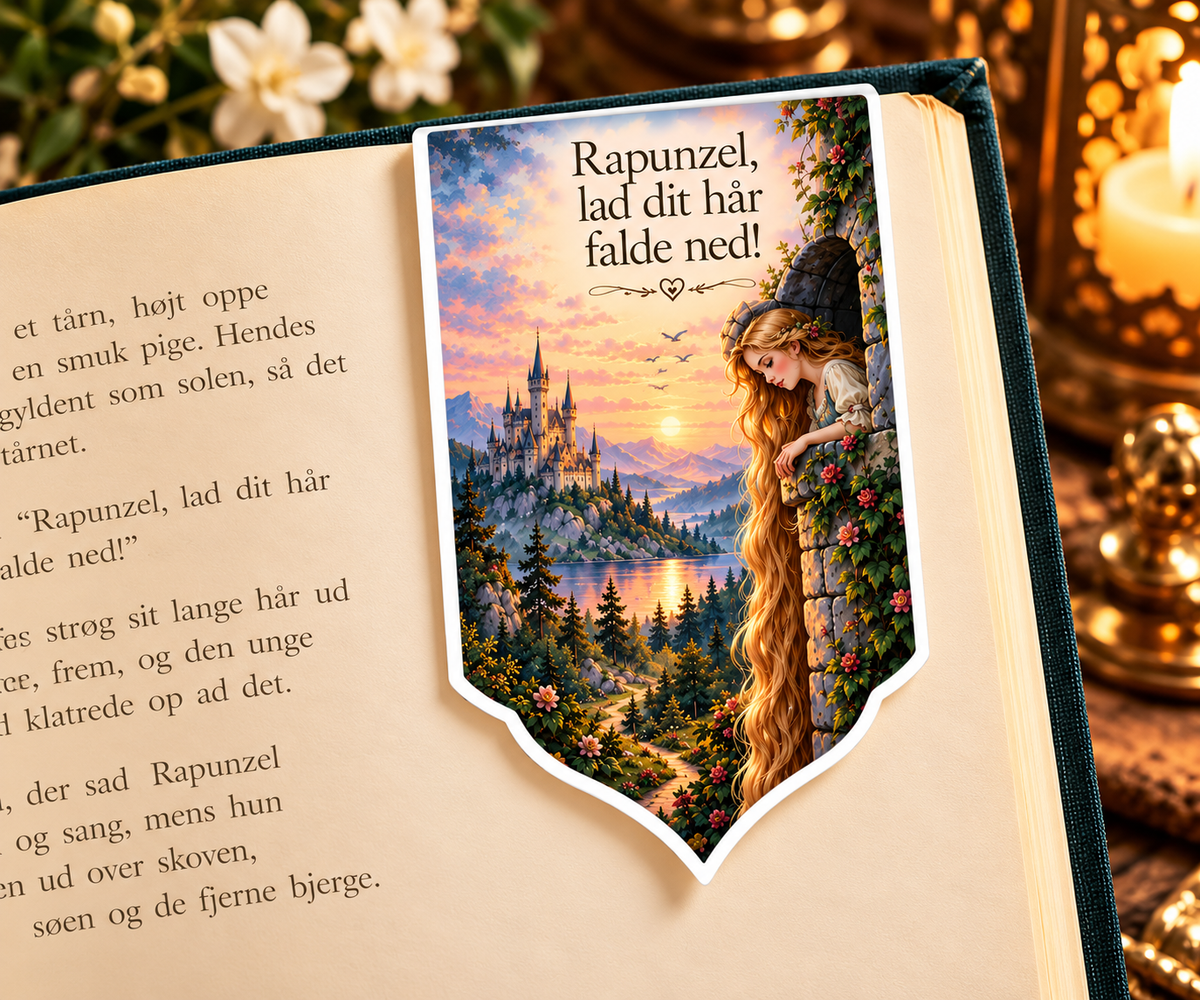 Rapunzel magnetisk bogmærke fra HjerteHvid med Rapunzel og hendes lange hår vist på en åben bog