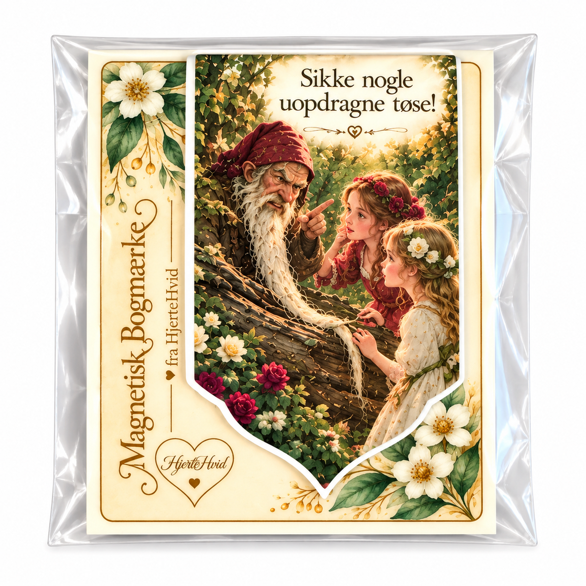 Magnetisk bogmærke inspireret af Snehvid og Rosenrød med dværgen og teksten “Sikke nogle uopdragne tøse!”