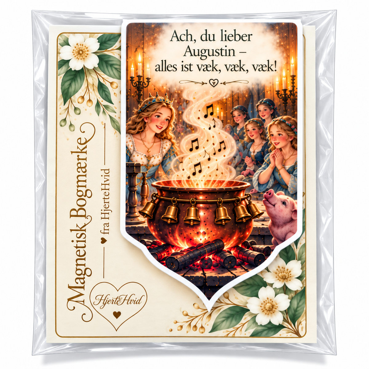 Svinedrengen magnetisk bogmærke fra HjerteHvid med prinsessen og den magiske gryde med klokker og musiktoner på dekorativt bagkort